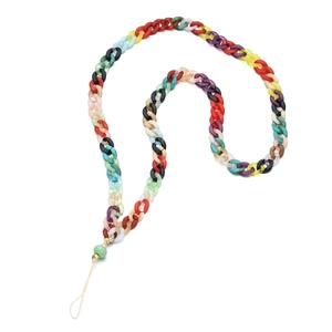 Macro view of multi-color acrylic matte resin chain link lanyard with golden metal ring