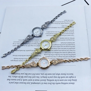 Elegant rhinestone quartz leaf bracelet watch set in silver, gold and rose gold finishes