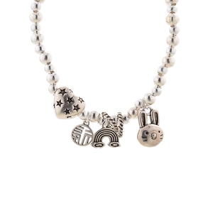 Elegant beaded rabbit bracelet with heart and Fu character pendants in vintage silver