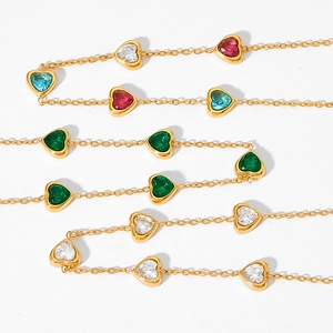 Gold stainless steel bracelet with multi-colored heart-shaped emerald cut zircons