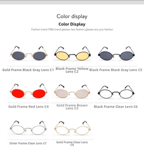 Grid display of vintage oval sunglasses with metallic frames in various lens colors