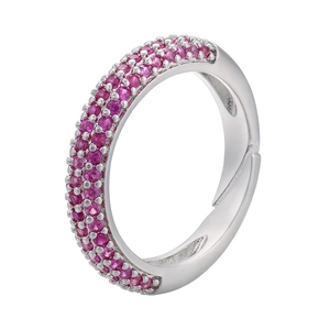 Detail of adjustable silver ring with triple rows of pavé pink zircon stones