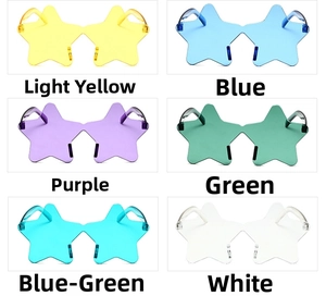 Detailed grid showing colorful rimless star-shaped sunglasses in six vibrant candy colors