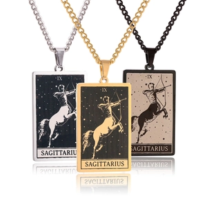 Detailed trio of rectangular Sagittarius zodiac pendants in silver, gold, and black steel
