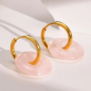 Boucles d'oreilles vintage en titane doré 18K avec pendentifs en pierre aventurine rose