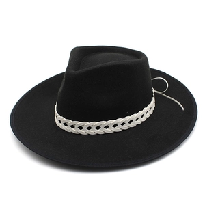 Classic black wool fedora hat with white woven bow ribbon trim for winter fashion