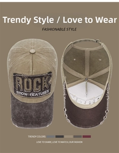 Détail de la casquette de baseball vintage avec écusson ROCK et texture de tissu délavé