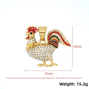 Detailed size view of iced-out rooster pendant with dimensions 43mm by 40mm
