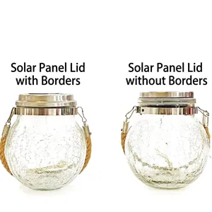 Solar crackle glass mason jars with hemp rope handles in two styles for garden decor