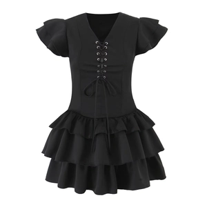 Black V-neck ruffle sleeve tiered cake dress with drawstring chest and layered skirt details