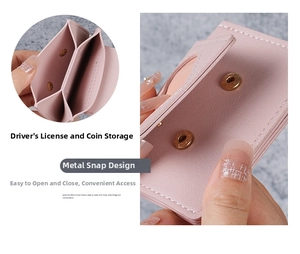 Pink faux leather card holder detail featuring multi-layer structure and metal snap button
