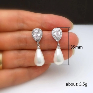Elegante druppelvormige pareloorbellen met zirkoon, 35 mm zilveren bruidssieraden