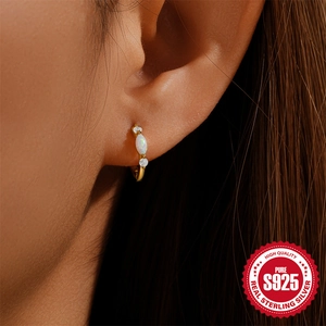Luxury S925 sterling silver gold hoop earrings with opal and cubic zirconia stones