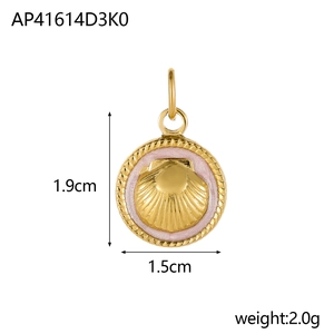 Detailed view of golden 3D shell pendant with pink enamel and braided texture edge