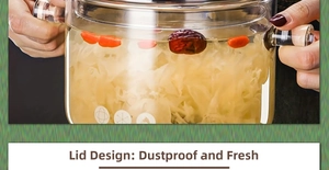 Macro detail of heat-resistant glass pot with lid featuring fresh dates and tremella soup