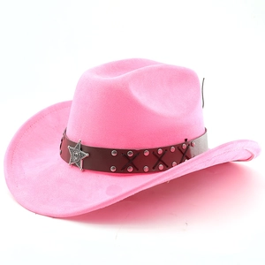 Pink western cowboy hat featuring a dark brown strap with silver star and rivet accents