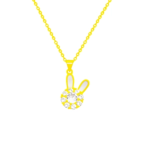 Rotating rabbit necklace with white enamel ears and sparkling cubic zirconia pendant