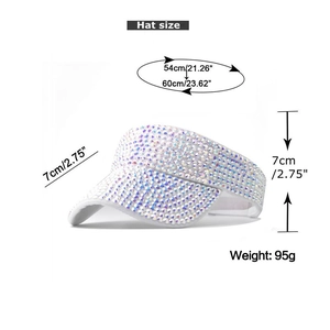 Detail of white sun visor with colorful rhinestones showing dimensions and weight info