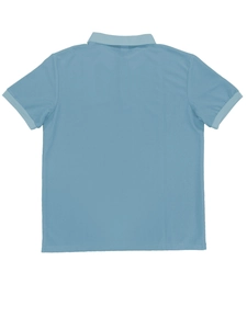 Rear view of a light blue waffle knit polo shirt with detailed honeycomb texture