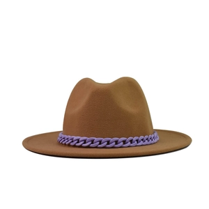 Classic camel brown felt fedora hat featuring a stylish purple link chain decorative band