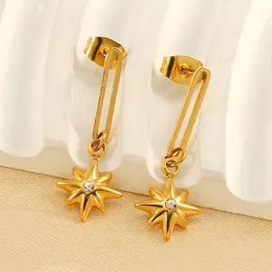 Starburst North Star Dangle Earrings Stainless Steel Gold Plated Drop Earring With Zircon For Women Fashion Jewelry