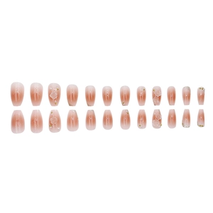 Pink blush gradient press-on nails set with 3D camellia flowers and pearl accents