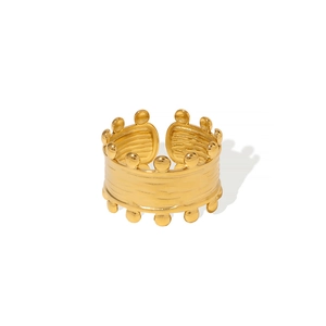 Textured 18K gold stainless steel wide ring with double row bead edges and open band design