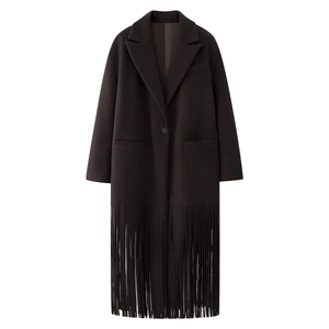 Women's street style woolen coat featuring lapels and long tassel hem in black