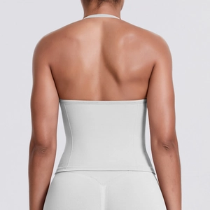 Detail view of the seamless light grey sports tank top with racerback design for women