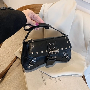 Women Punk Rivet Shoulder Bag PU Leather Vintage Motorcycle Millennium Style Underarm Baguette Bag With Silver Metal Buckle