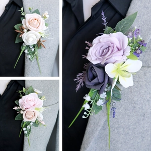 Artificial Rose Boutonniere Satin Flower Wedding Corsage For Groom Bride Groomsmen Party Accessories With Faux Artificial Pearl