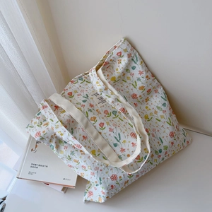 Fresh floral cotton canvas tote bag with colorful print and large capacity for daily use