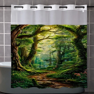 Detail of forest trail shower curtain with light-filtering waffle fabric texture