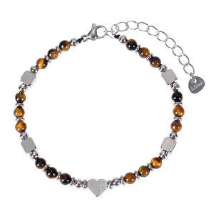 Detailed shot of tiger eye beaded bracelet with stainless steel heart pendant and clasp
