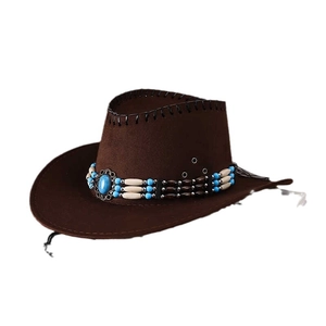 Classic brown western cowboy hat with turquoise bead band and rustic hand-stitched detailing