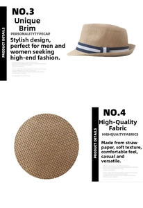 Detail of breathable straw paper fabric texture on a men's jazz fedora with striped ribbon