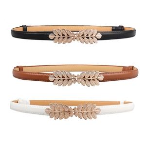 Fashionable elastic women's belts with golden leaf buckles in black, brown, and white colors