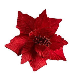 Red poinsettia artificial Christmas tree flower with gold glitter edges and velvet petals