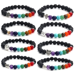 7 Chakra Natural Stone Lava Rock Beaded Bracelet With Tree Of Life Buddha Owl Alloy Charm Elastic Yoga Diffuser Jewelry