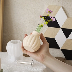 Close-up of a striped pumpkin silicone mold and glass test tube for DIY flower vases
