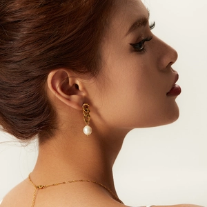 Elegant 18K gold plated Cuban chain drop earrings with baroque freshwater pearls for women