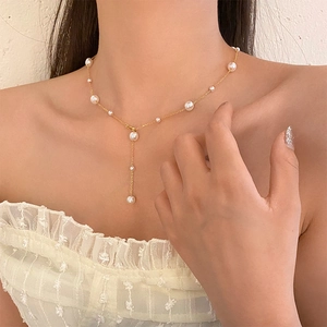 Elegant Y-Shape Artificial Pearl Necklace Gold Titanium Steel Minimalist Clavicle Chain Fashionable Long Drop Jewelry For Women