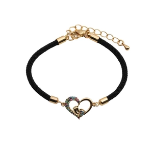 Adjustable black woven bracelet with gold heart charm and colorful zircon foot print
