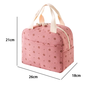 Pink floral corduroy lunch bag with insulated lining and top handle, 26cm x 21cm size