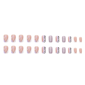 Faux ongles à presser motifs vache et cœurs violets, 24 pièces de forme carrée moyenne