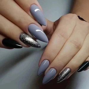 Dunkle Gothic Mandel Druck Auf Nägel Glitzer Funkeln Patchwork Elegante Coole Lange Falsche Nägel Für Frauen