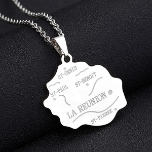 Polished silver Réunion Island map pendant necklace in stainless steel on black background