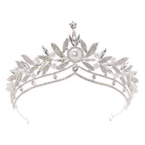 Vintage silver bridal crown with white pearls and sparkling crystals in floral design