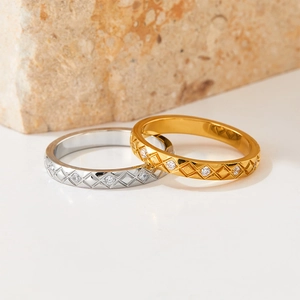 Bagues classiques matelassées en acier inoxydable or et argent serties de diamants