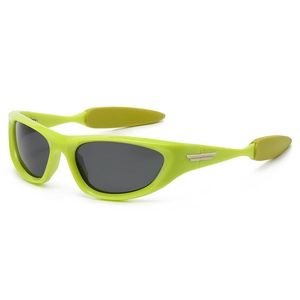 Fluorescent green Y2K sports sunglasses with wrap-around frame and sleek metal accents